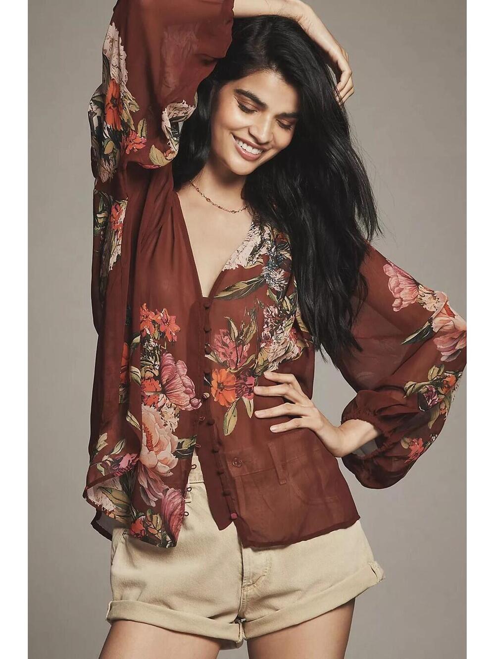 ANTHROPOLOGIE Estela Sheer Floral Printed Buttoned Blouse In Brown-Size X-Large